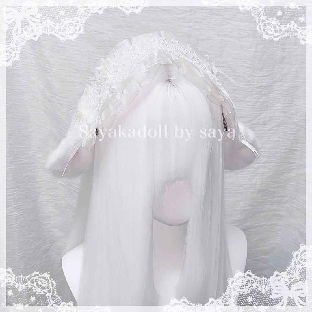 ♡3点No.2 天使のうさぎさん付き 編み上げリボンヘッドドレス white ♡