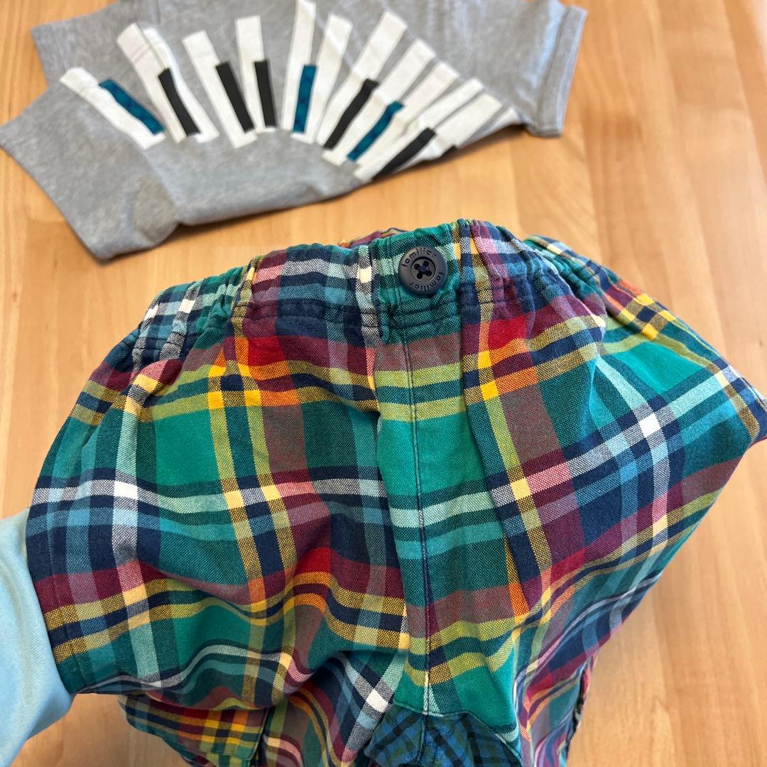 ファミリア　新品ピアノ鍵盤Tシャツ　緑系チェックハーフパンツ　120cm セット
