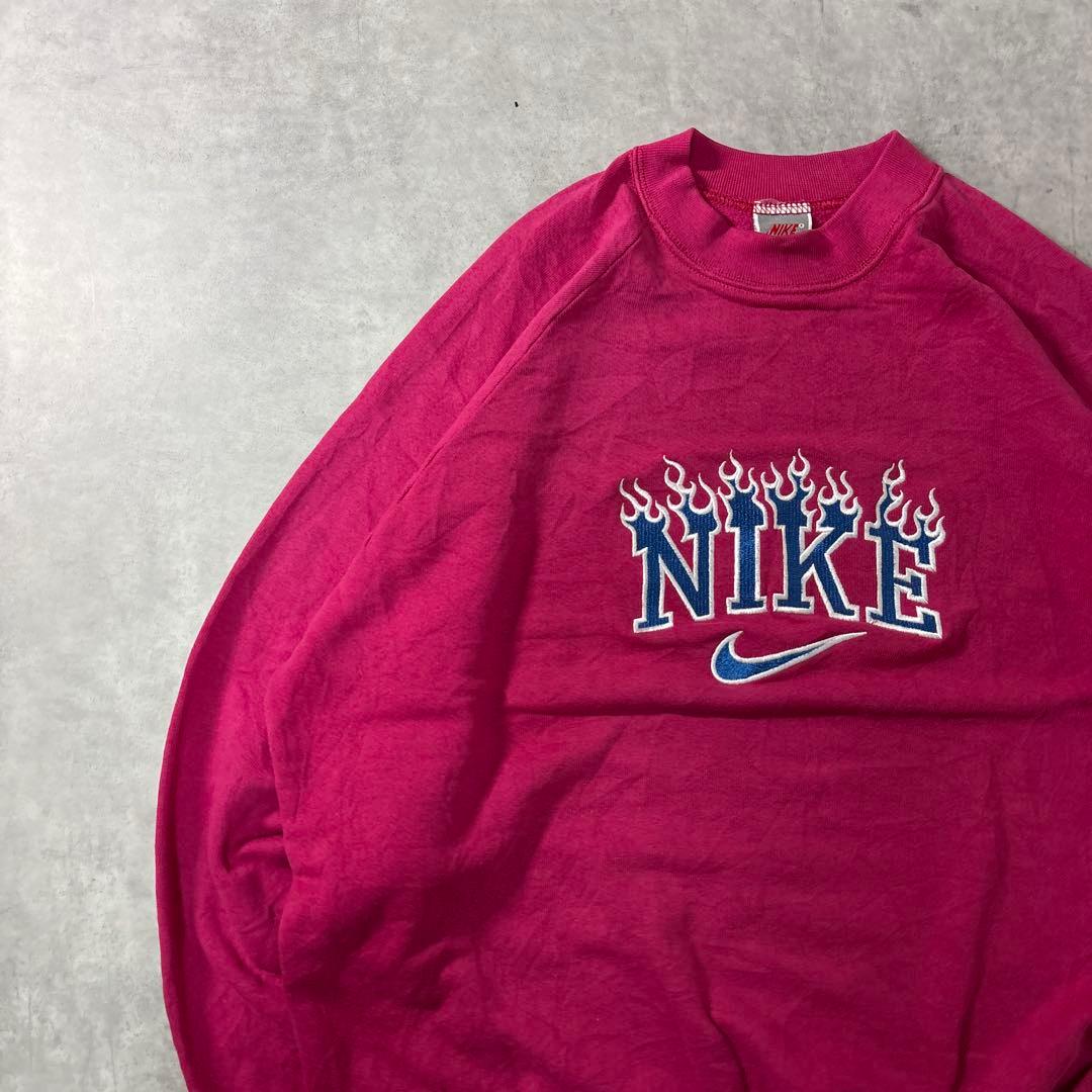 NIKE 90s スウェット トレーナー 刺繍ロゴ ファイヤー ピンク XL