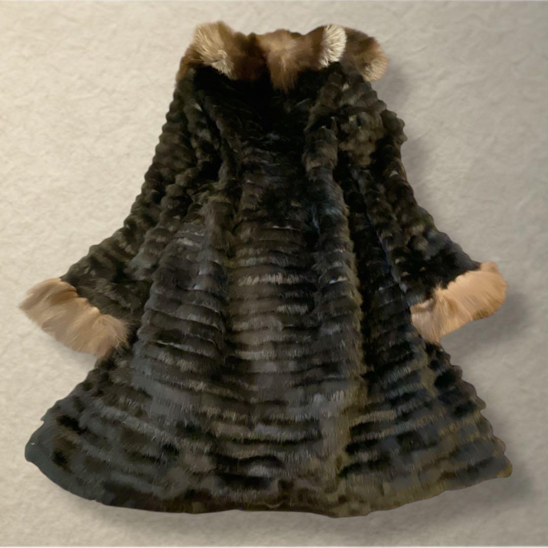 毛皮コート リアルファー　シルバーフォックス×ラビット　ロング丈 切替 M〜L