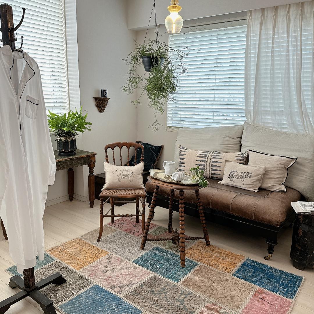 トルコ製ヴィンテージラグ915 レア 高級 ブルー イエロー パッチワーク