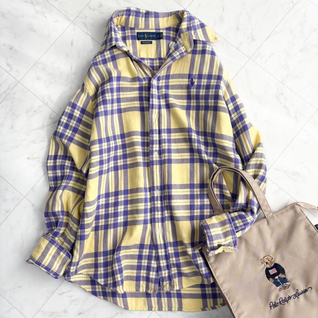 【ラルフローレン】チェックシャツ　ポニーロゴ　コットン　ゆったり　春色　紫　黄色