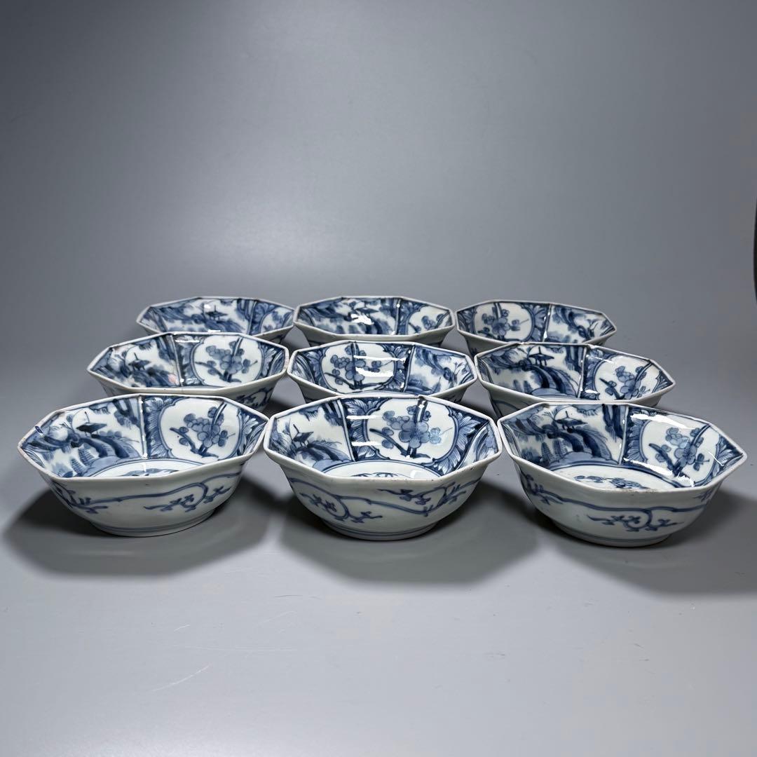 江戸期　渦福　藍柿右衛門　染付松竹梅山水図八角皿　九客　裏唐草文様