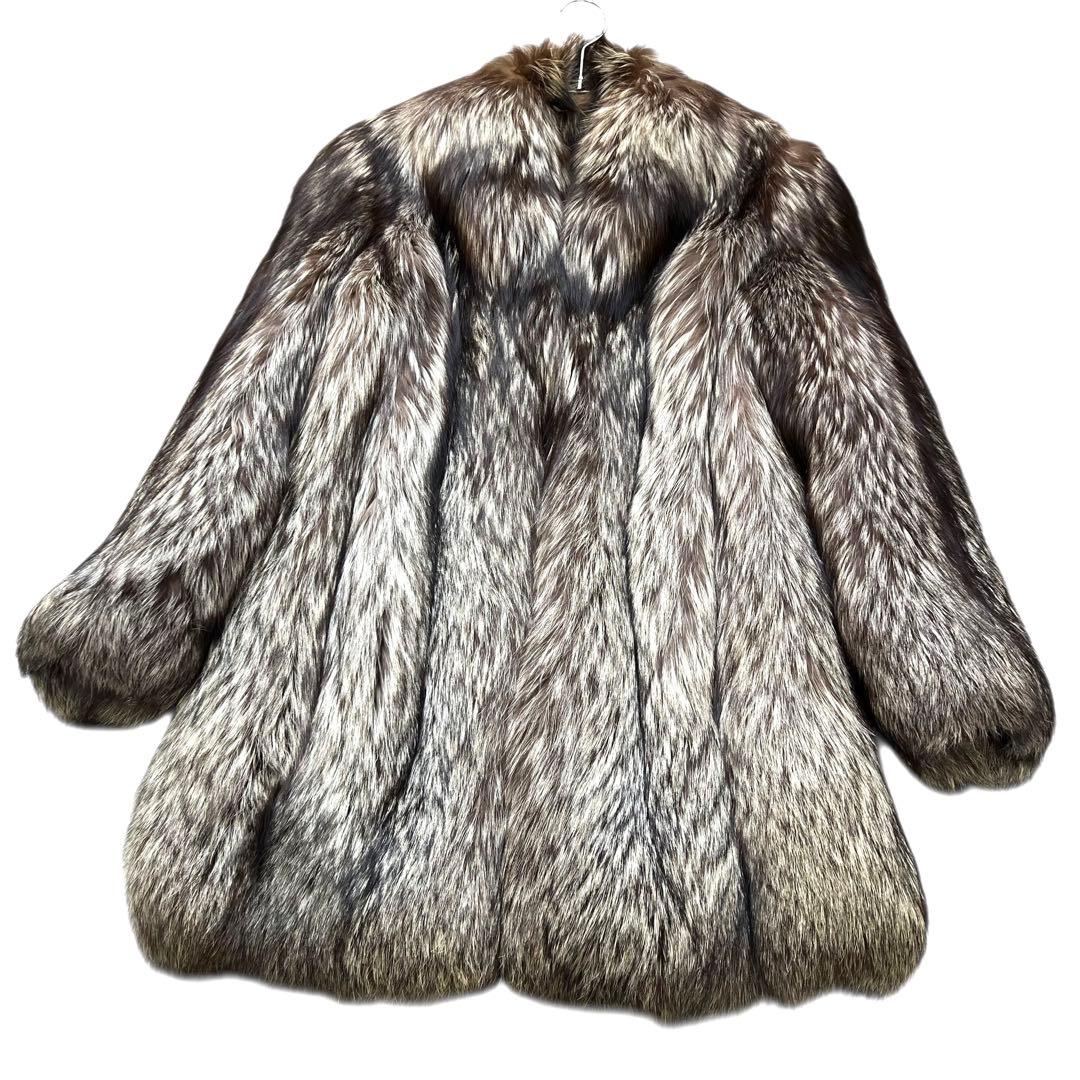 着丈80cm 肉厚◎ シルバーフォックス リアルファーコート 本毛皮 L相当