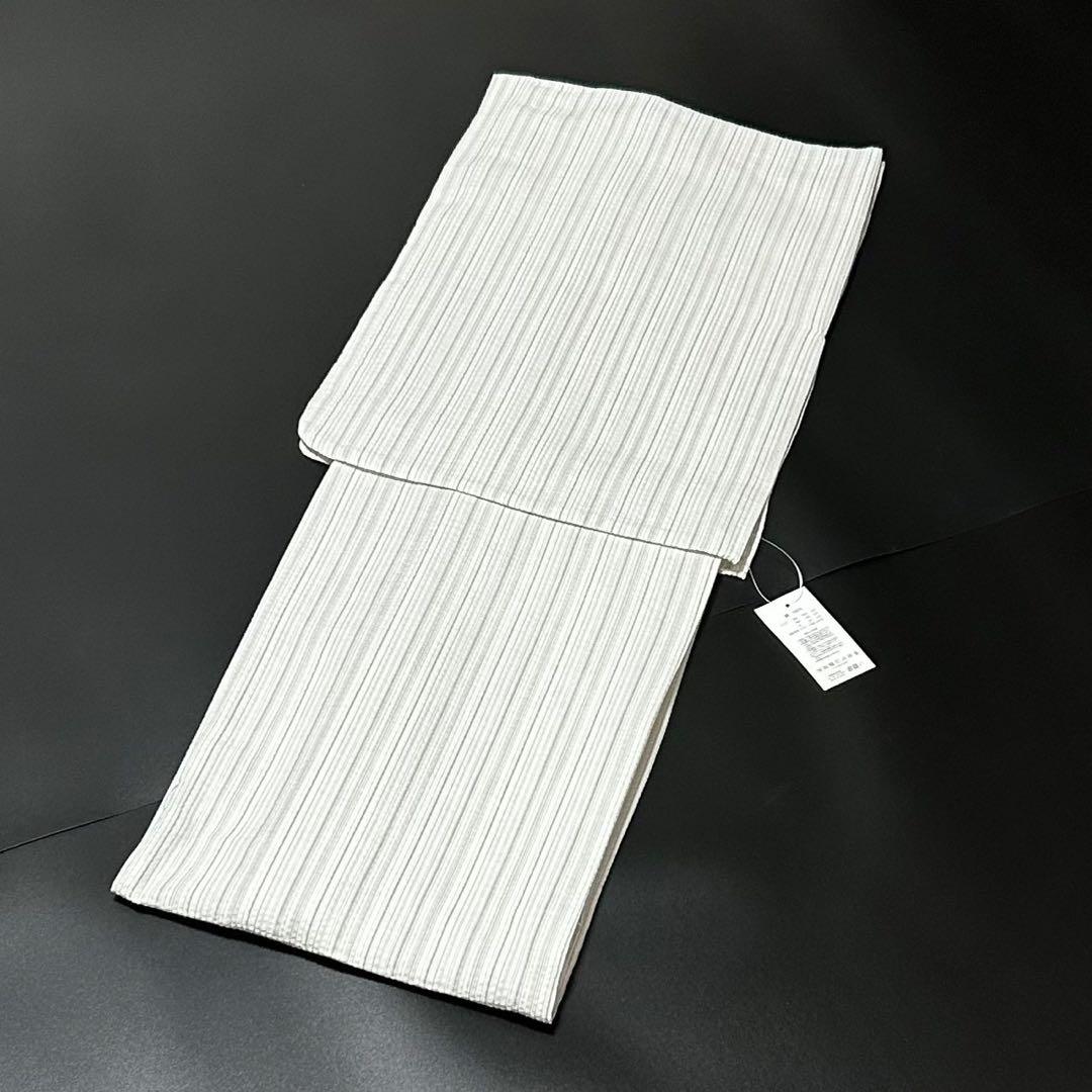 古典しじら織　浴衣　綿　粋な夏着物　縞柄　献上帯 半幅帯白　2点　0808①