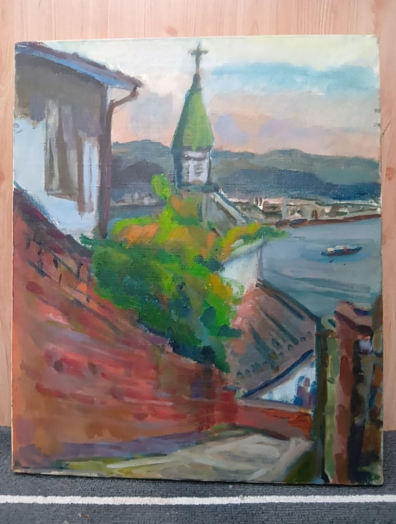 風景画 油彩画 多彩な色使い　 タイトル『長崎港の天主堂』