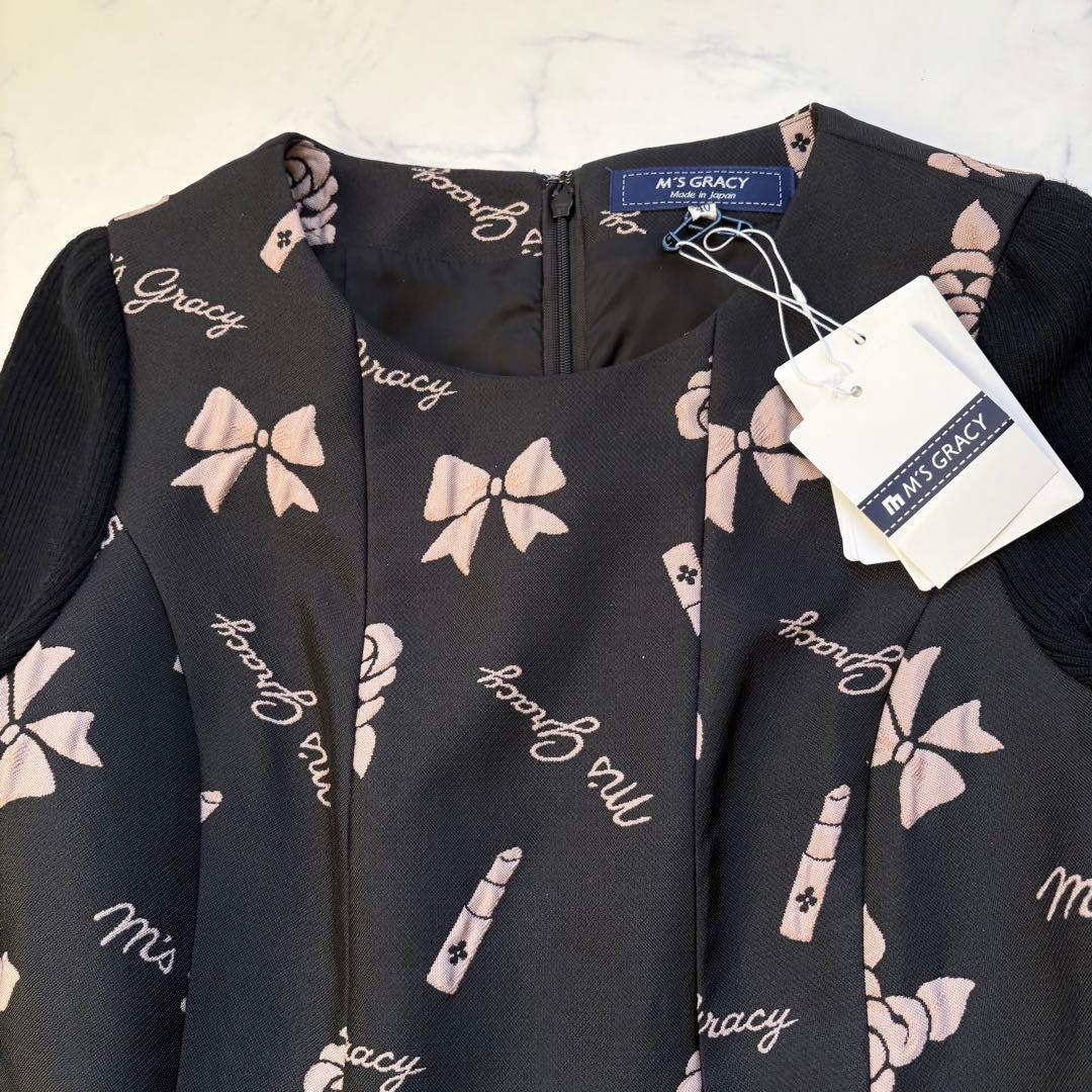 新品 エムズグレイシー リボンカメリアリップジャガードワンピース 定価5.2万円