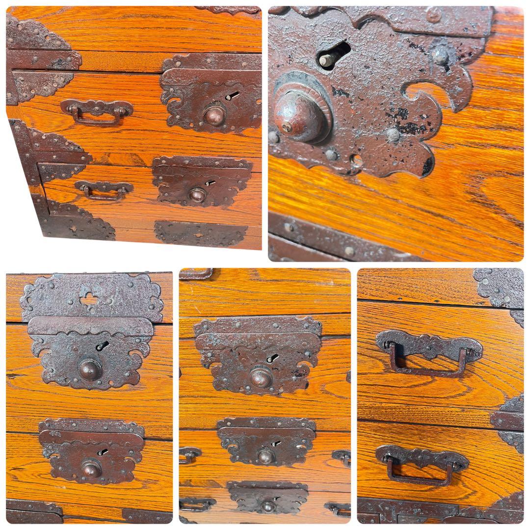 HR431 【シャビー】古い箪笥　欅　ケヤキ　和箪笥　鉄細工　昭和レトロ