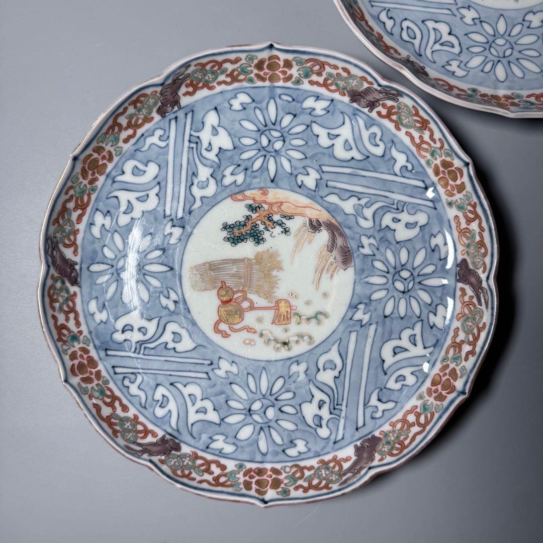 古伊万里　色絵瓢箪文様七寸輪花形皿　6枚　金蘭手　七宝文　唐獅子　21cm　珍品