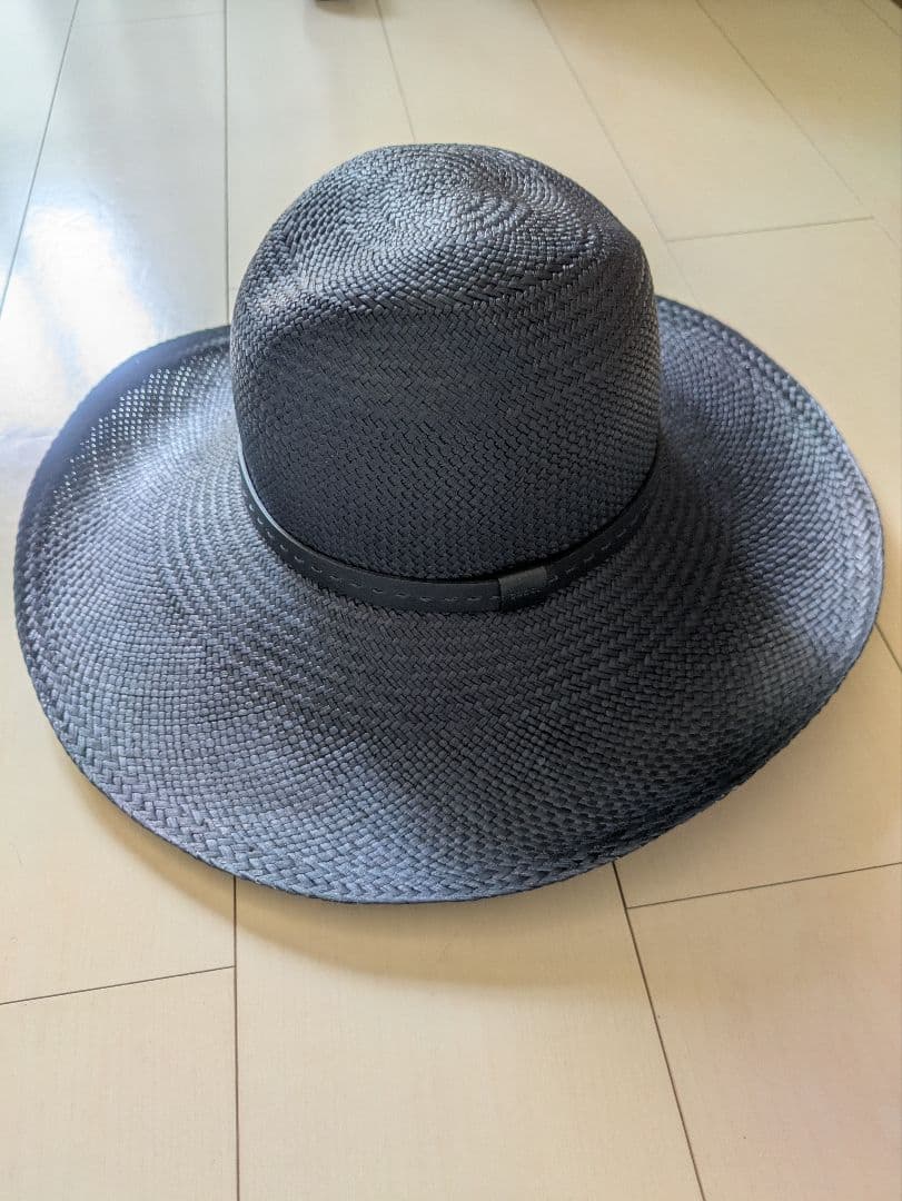 GUCCI グッチ ストローハット 麦わら帽子 ネイビー ブラック レザー