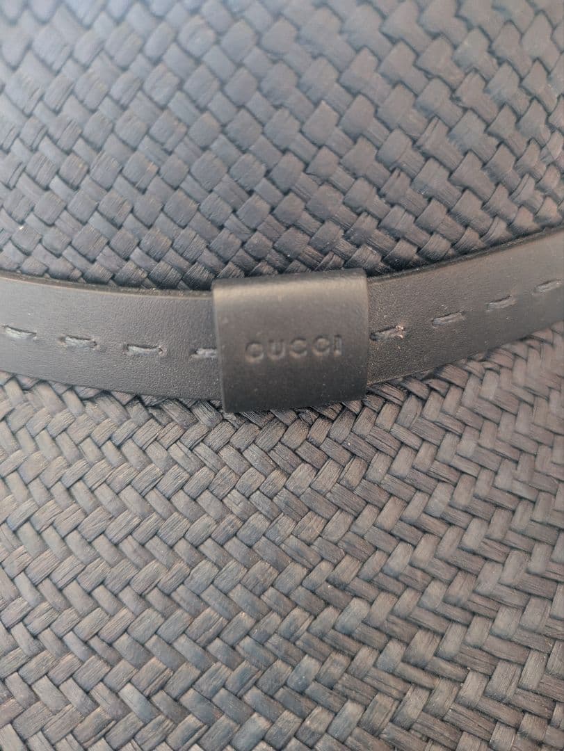 GUCCI グッチ ストローハット 麦わら帽子 ネイビー ブラック レザー