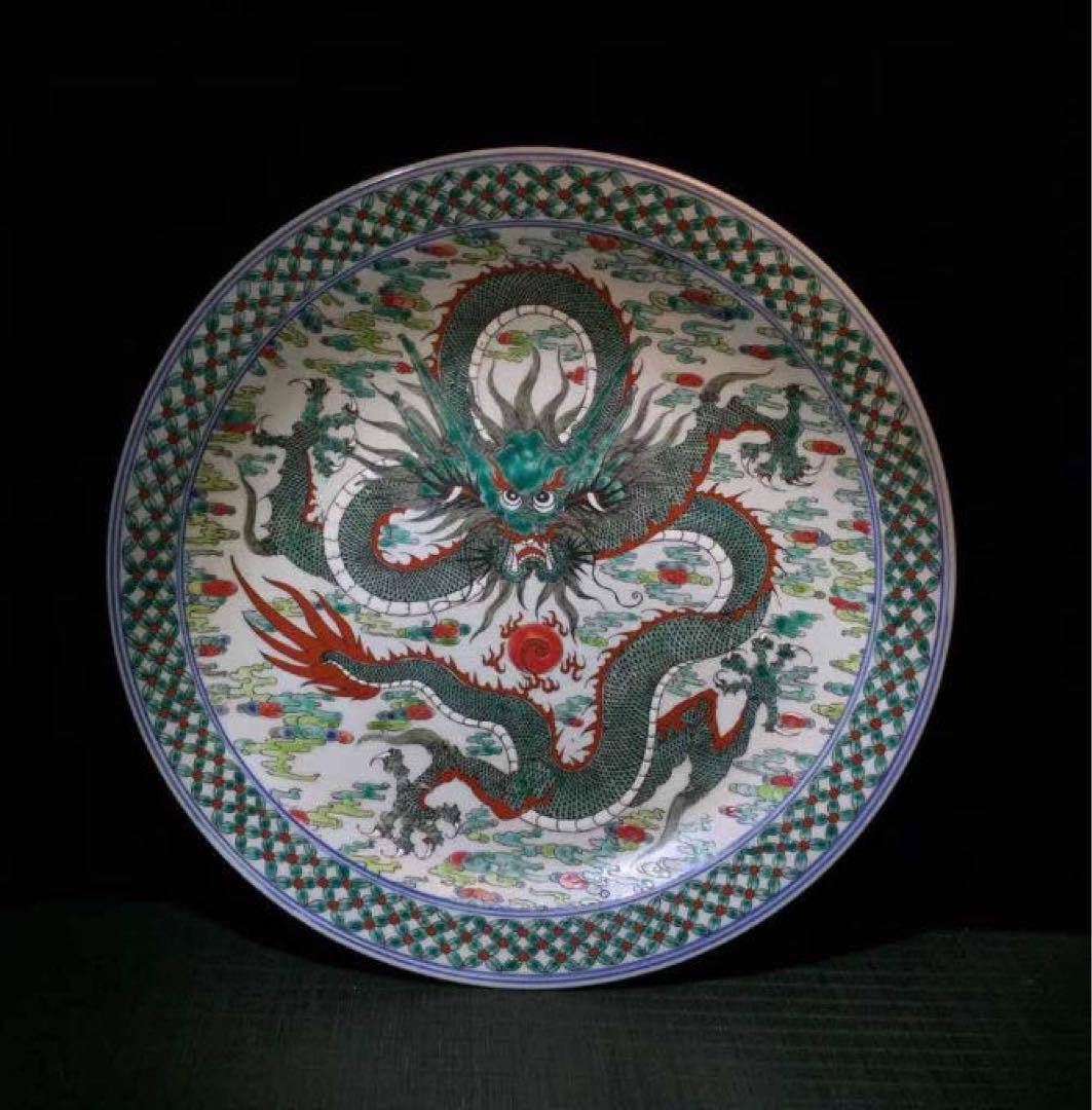 中国古美術・旧蔵粉彩陶芸・大清康熙年製　超大型盤龍彩飾皿・風水置物骨董品・極細工