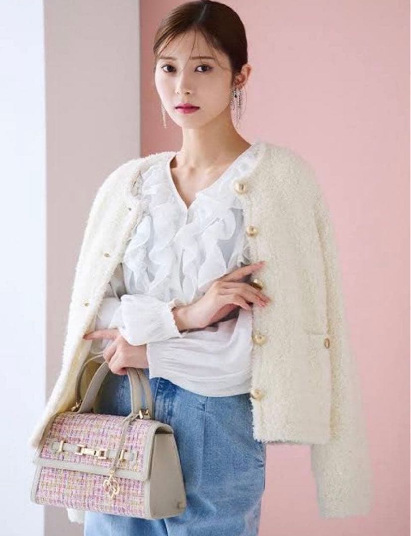 美品セルフォード2点/ツィードニットジャケット/割線フリルチュニックブラウス