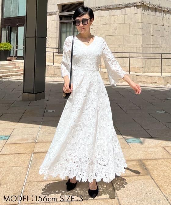 美品◆ジェンヌ　総レース8分フレア袖ワンピース　S　　ホワイト