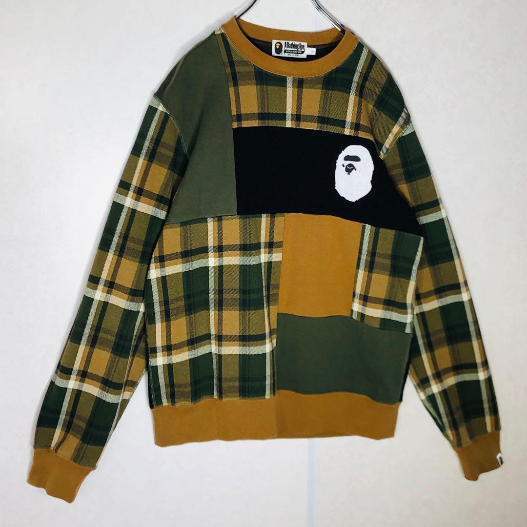 【希少デザイン】アベイシングエイプ チェック柄スウェット パッチワーク Lサイズ