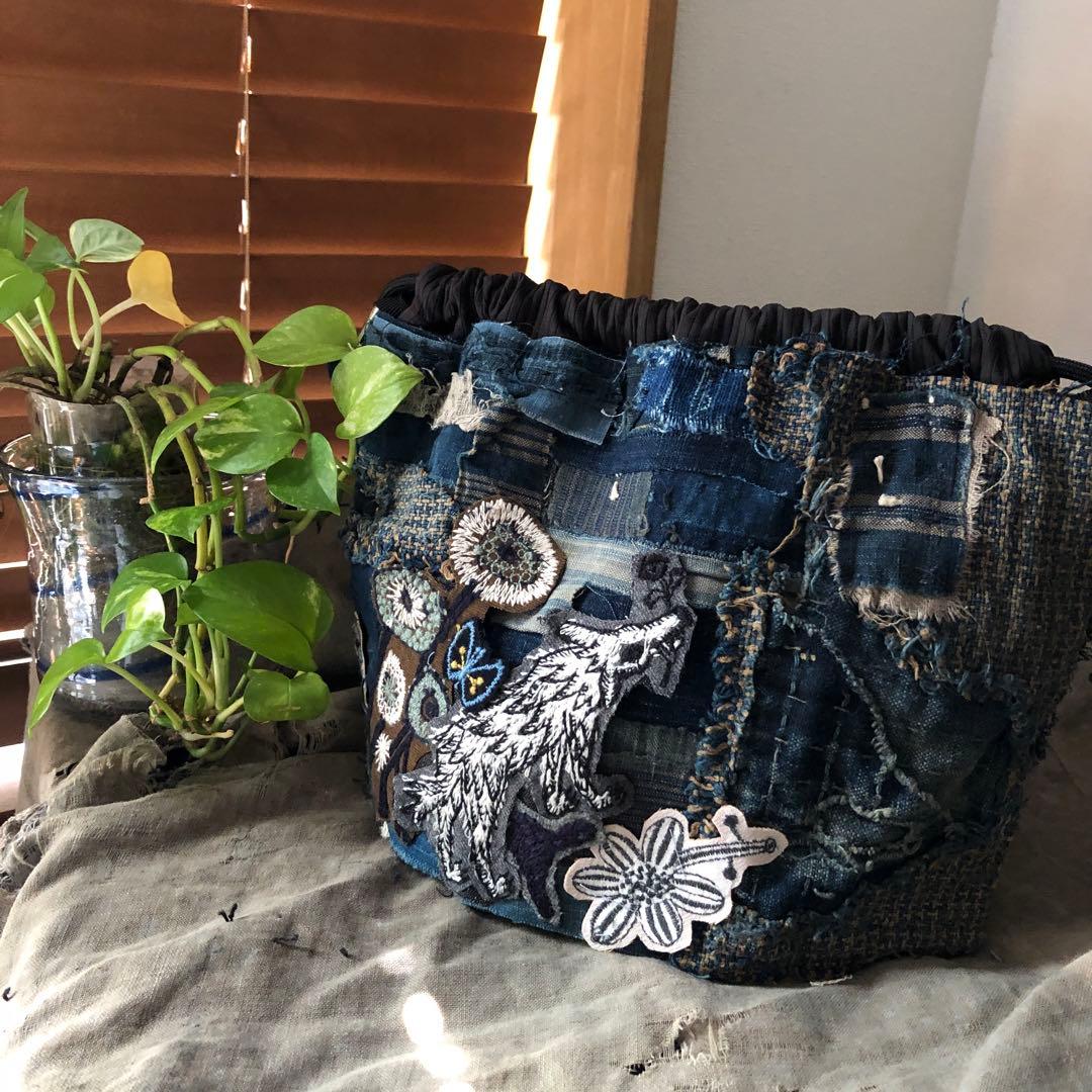 作って見ませんか稀に見る襤褸とミナで巾着袋/ミナペルホネン/藍染