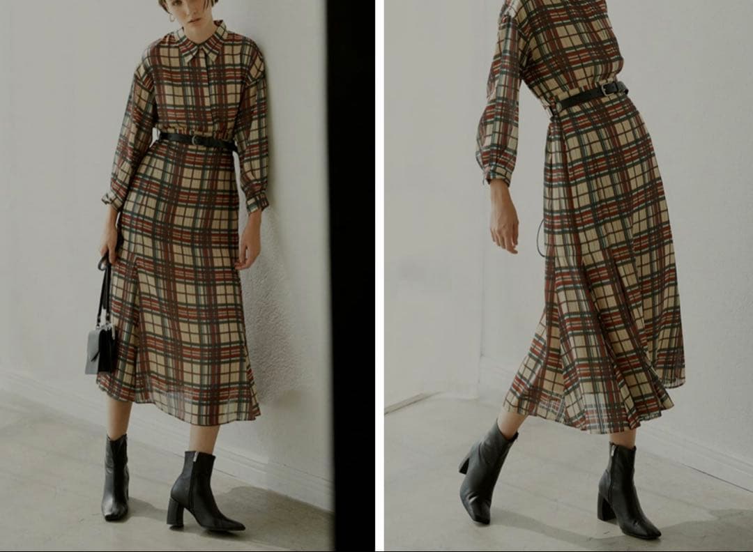 AMERI 夏帆さん着用　チェック　フレア　ロングワンピース　長袖　アメリ