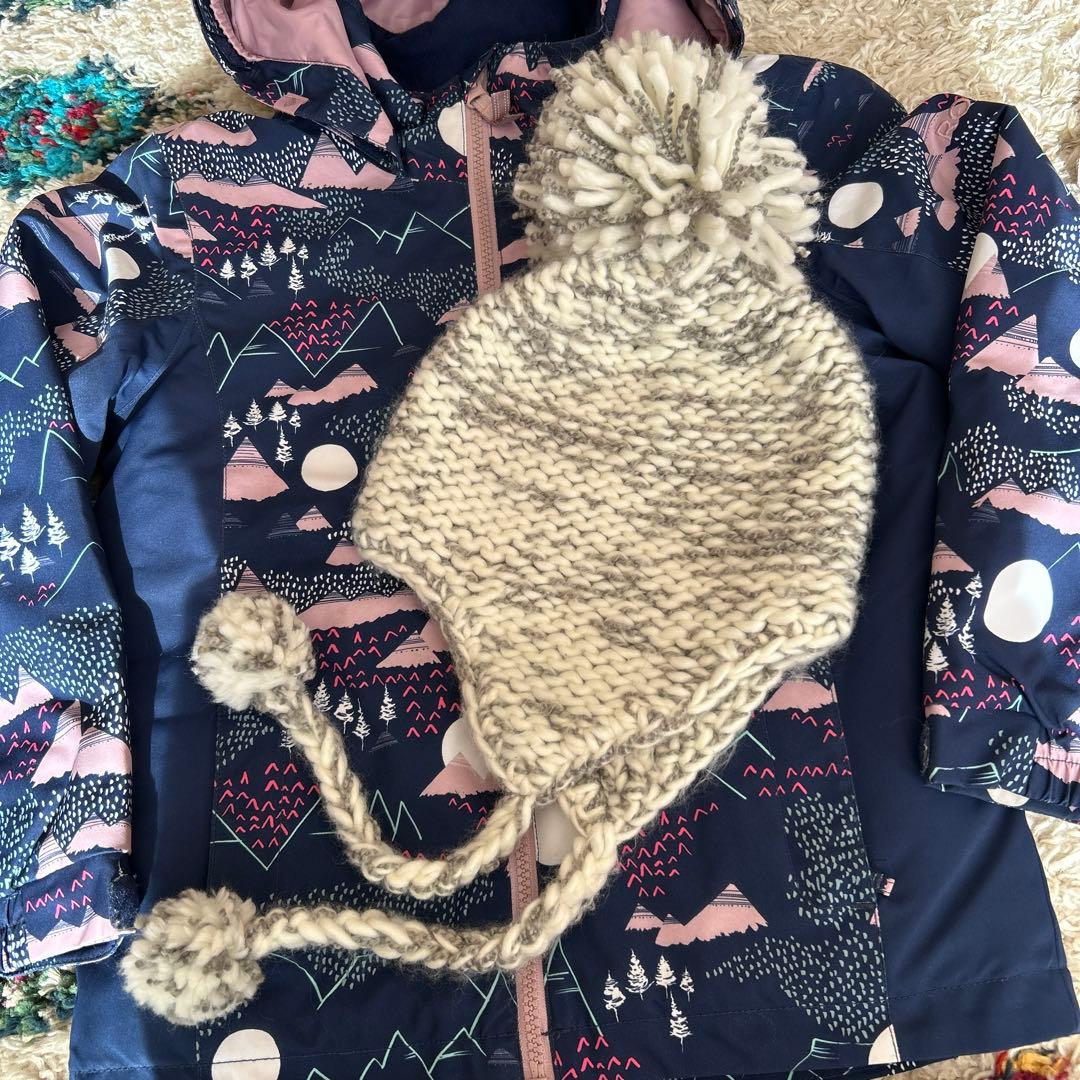 ロキシー　キッズ　スキーウェア　上下　グローブ　猫耳、耳当て付きニット帽　計5点