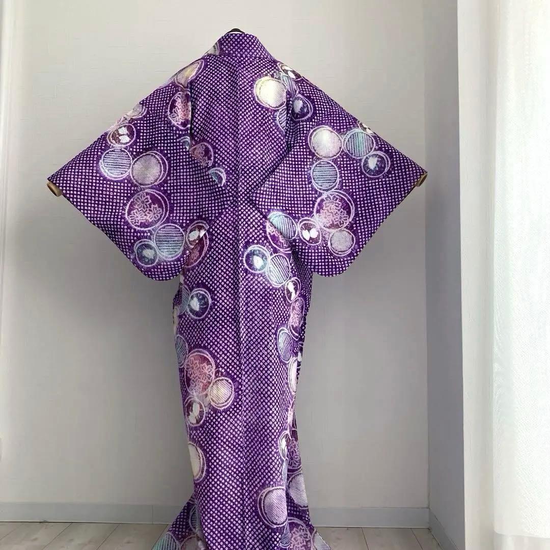 有松絞り・有松鳴海　絞り浴衣　グレープ色　丸模様　身丈155cm N7-9