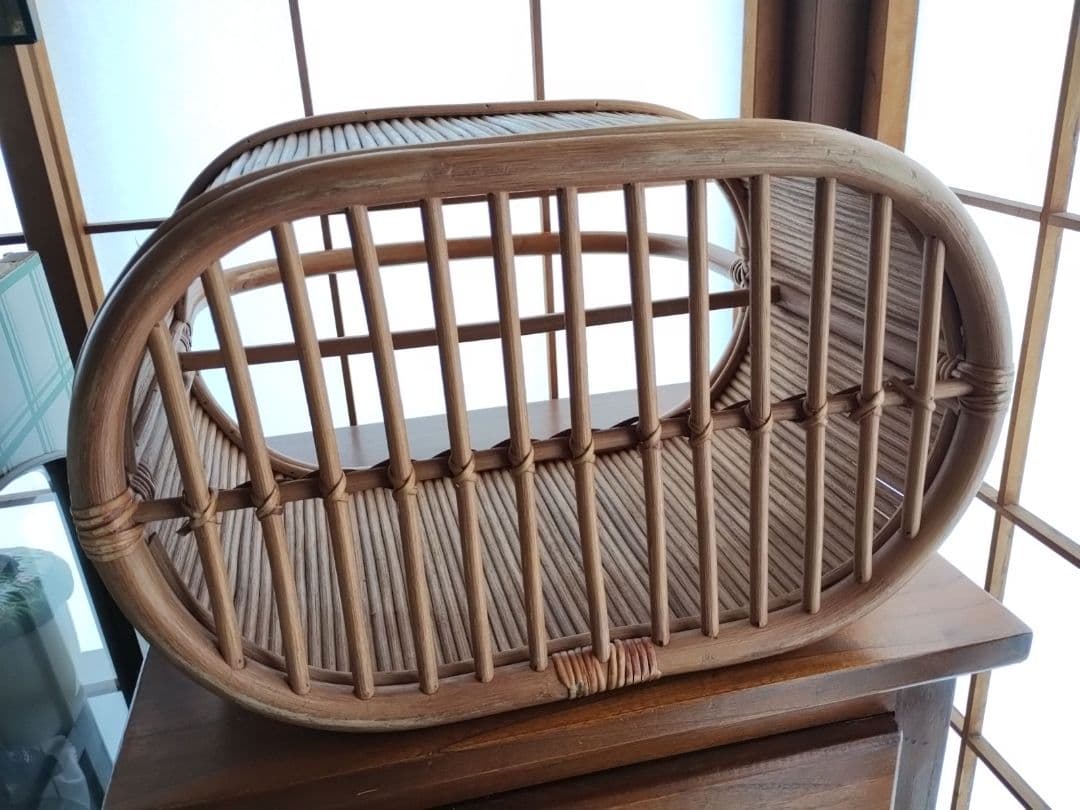 ヴィンテージ　籐小物　ラタン　バンブー　ハンドル付きバスケット　マガジンラック
