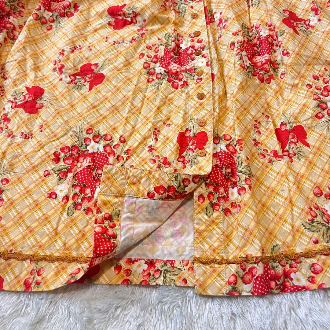 美品 ピンクハウス 苺ブーケ チェック柄 ワンピース サテンリボン はしごレース