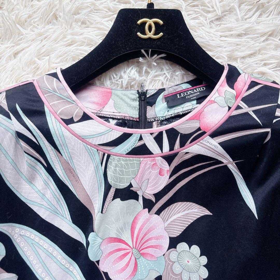 極美品✨レオナール 半袖カットソー 総柄 花柄 トリム LL