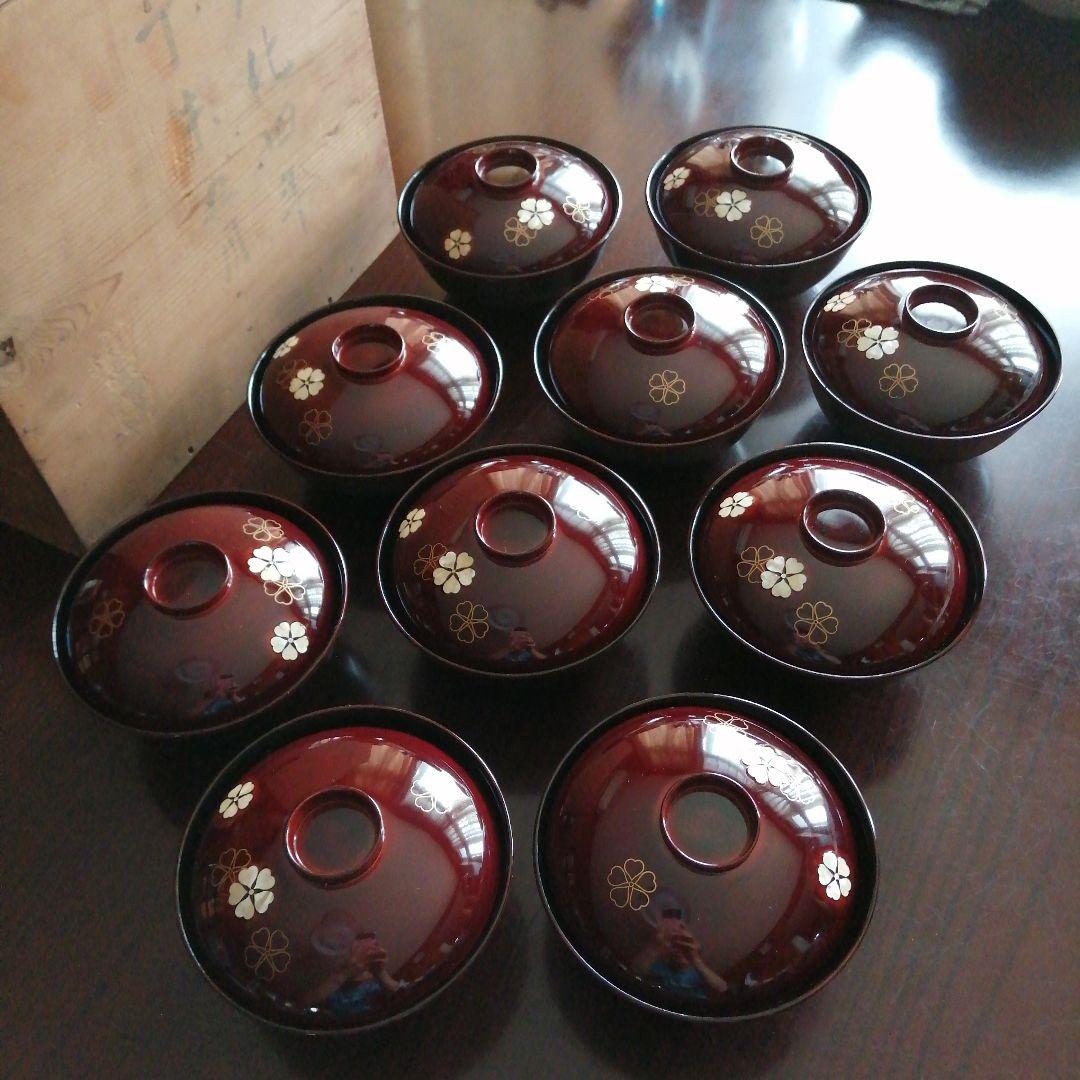 木製漆器　螺鈿桜紋蓋付椀　10客　12cm　昭和中期