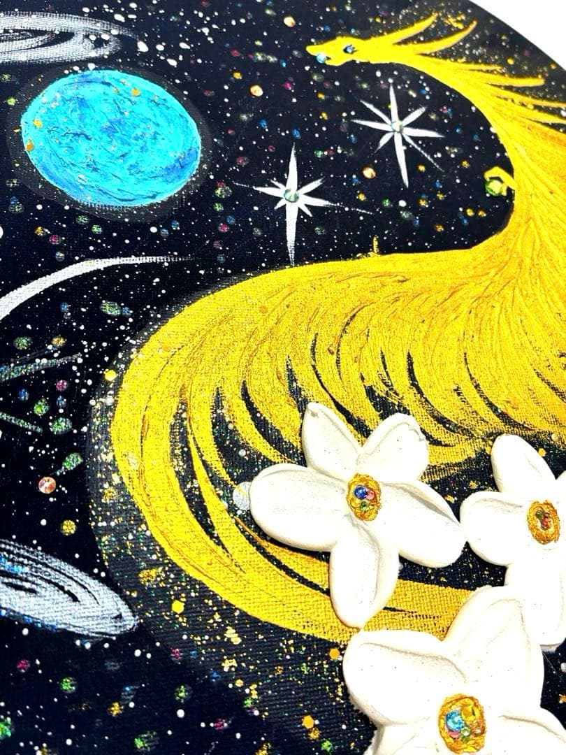 開運絵画　宇宙と金龍　龍神様　運気上昇　金運　健康運　仕事運　金箔　プルメリア