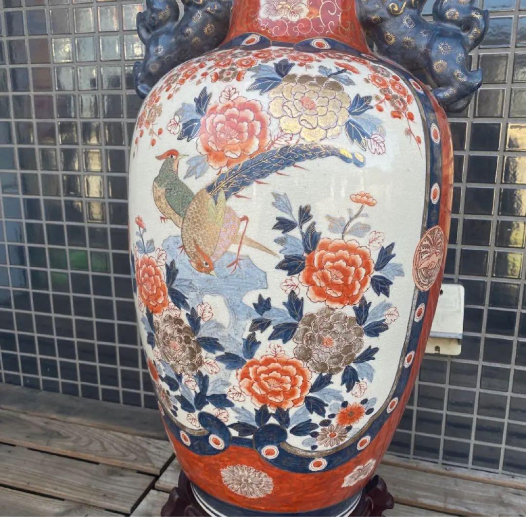 伊万里焼 大花瓶 壺 金襴手 花鳥文 骨董品 稀少 高さ76cm 狛犬