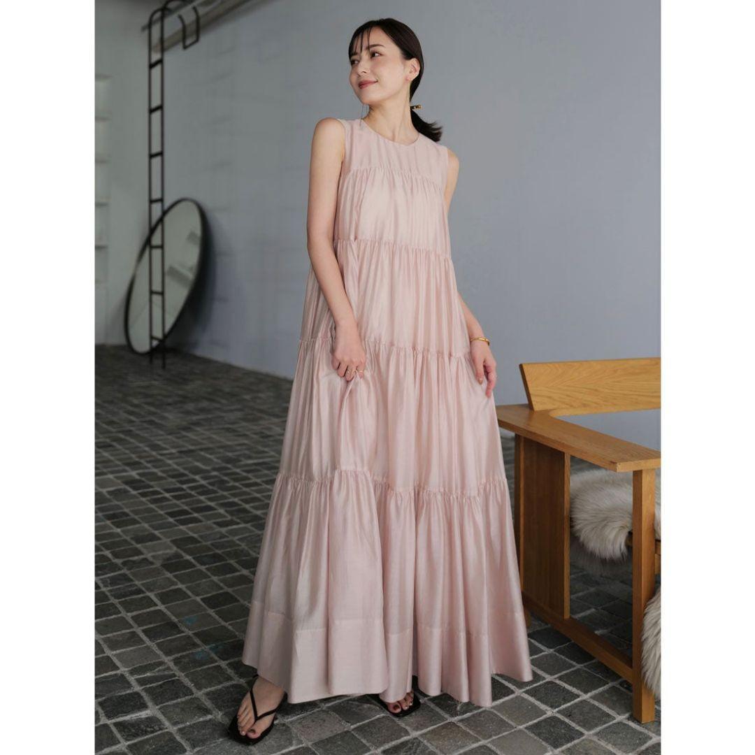 anuans Mサイズ テンセルリッチオーガンティアードワンピース ピンク