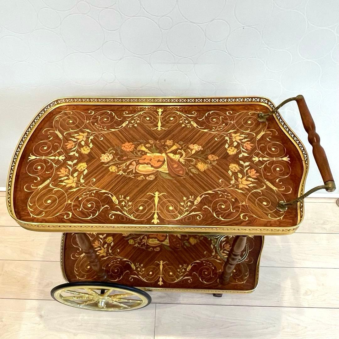 【希少】イタリア製 象嵌 ティーカート キッチンワゴン 真鍮装飾 高級クラシック
