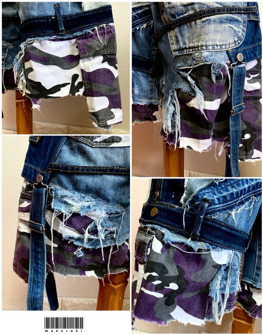 タイムセール！古着デニム☆解体×再構築☆ ハーフショートパンツ☆ミリタリ☆ 迷彩