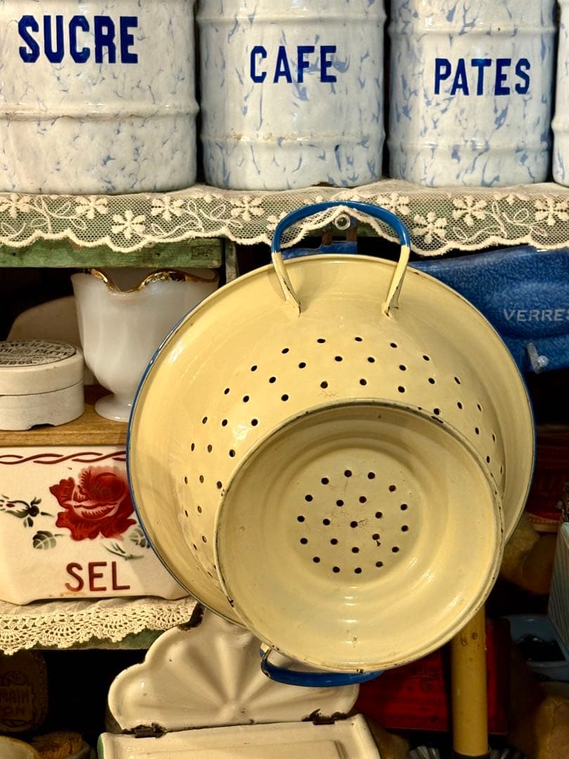 ◆希少美品◆イギリスアンティーク ホーローコランダー　クリーム×ブルー