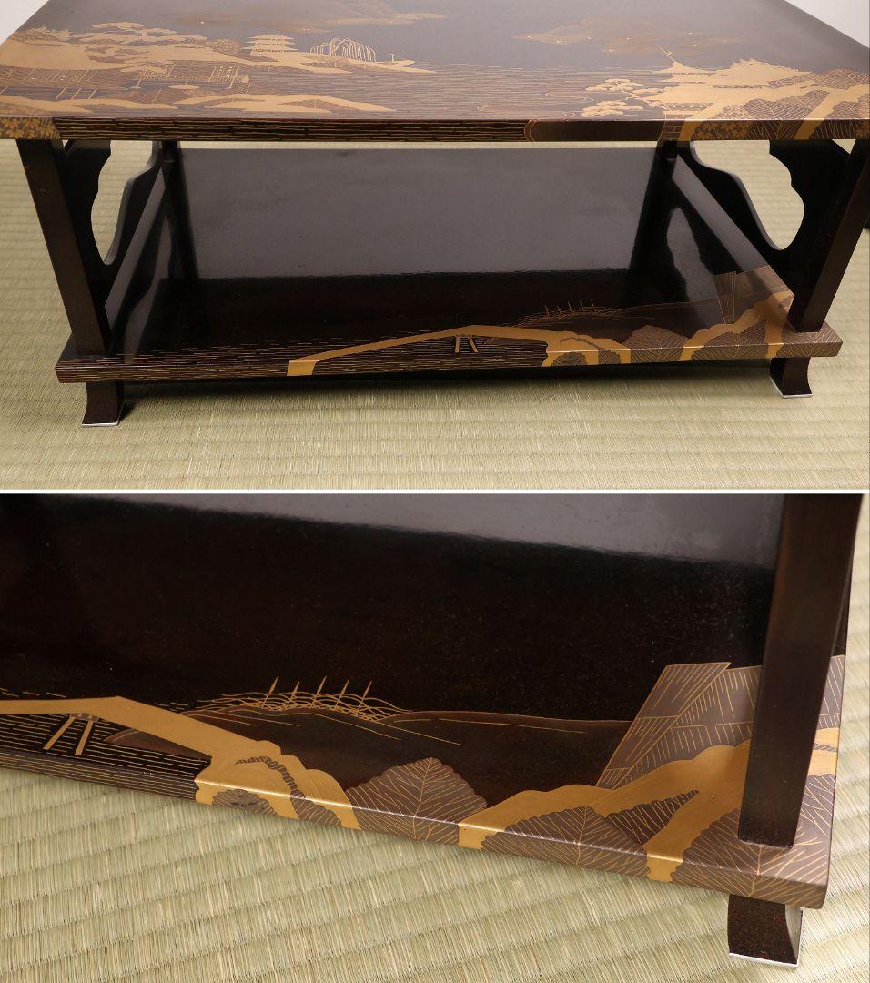 時代 楼閣山水蒔絵 総梨地 冠卓 二段卓 木製 覆輪 金蒔絵 花台【MA662】