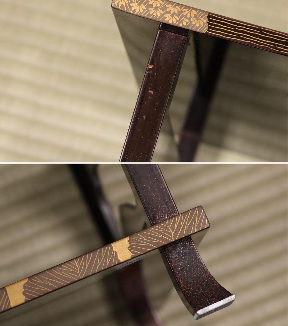 時代 楼閣山水蒔絵 総梨地 冠卓 二段卓 木製 覆輪 金蒔絵 花台【MA662】