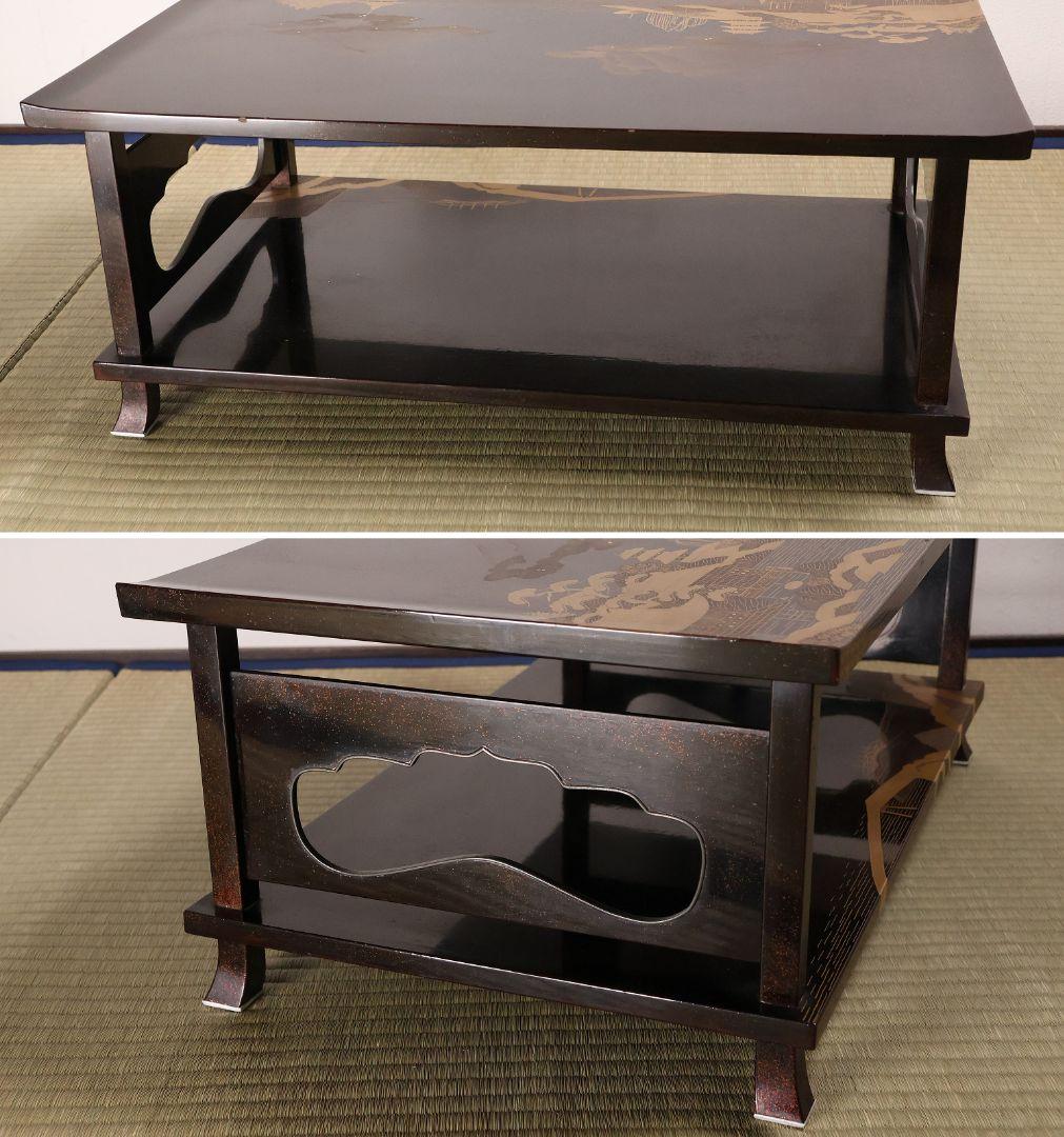 時代 楼閣山水蒔絵 総梨地 冠卓 二段卓 木製 覆輪 金蒔絵 花台【MA662】