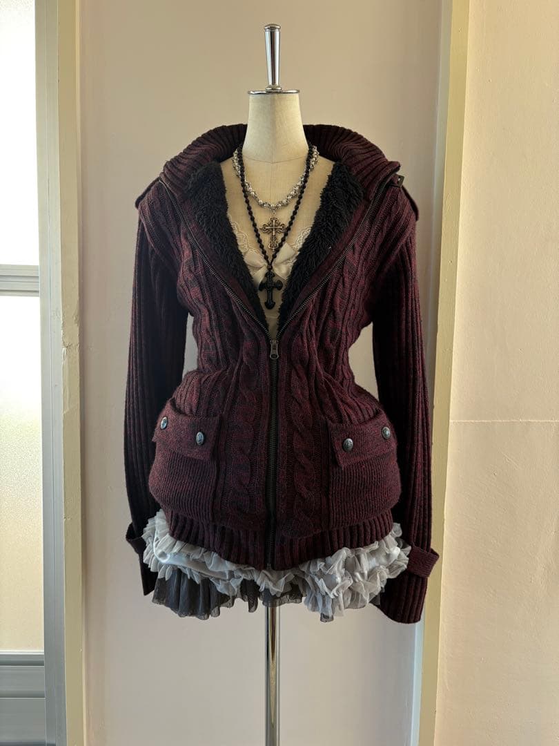 y2k 00s当時物 マーブルニット裏ボア ライダース ケーブル編み 平成ギャル