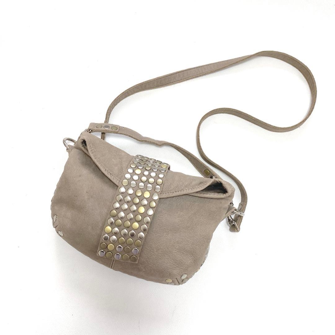 【TRES】牛革 スタッズ付き グレージュショルダー2wayバッグ y2k