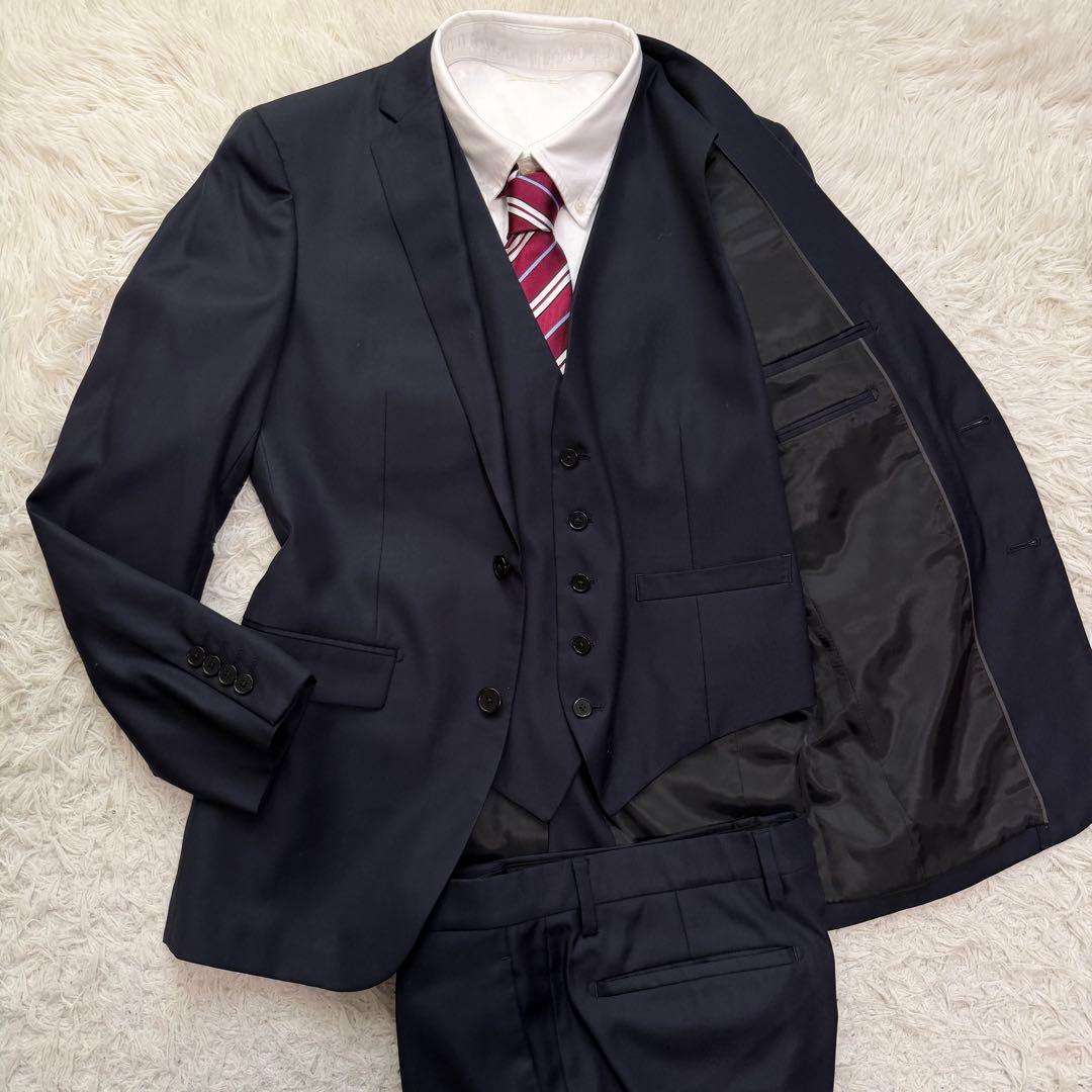 美品　ユナイテッドアローズ　スーツ　セットアップ　スリーピース　ネイビー　光沢