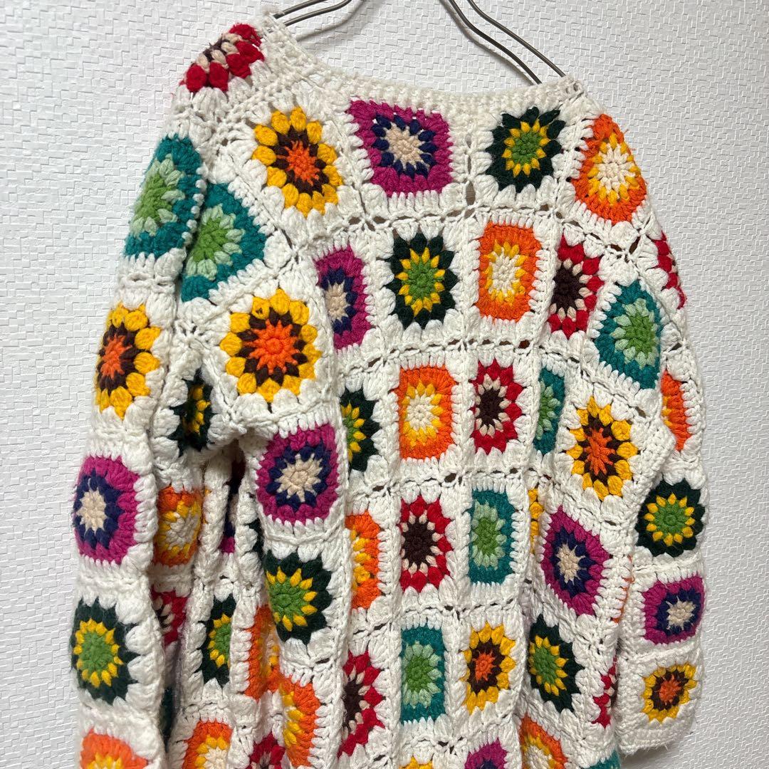 【Freadaフリーダ】グラニースクエアロングカーディガン(かぎ編みニット)