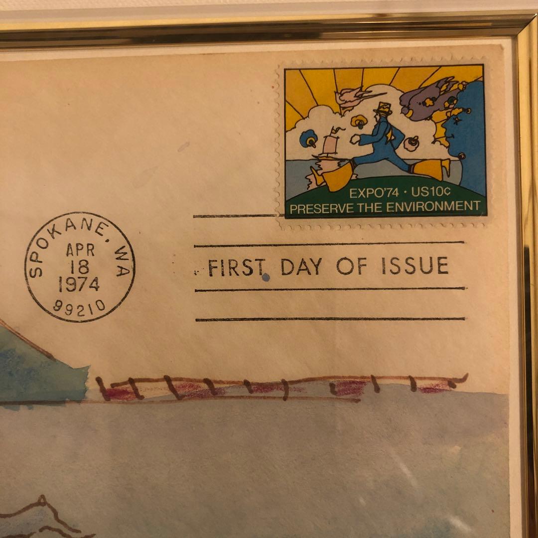 ピーター マックス　真作 水彩画 ピラミッドとバルーン 切手付き