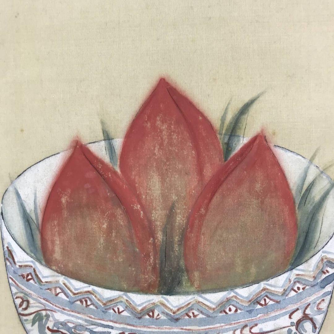 真作/張大千/桃鉢図/中国画家/掛軸/名家伝来/AK-395