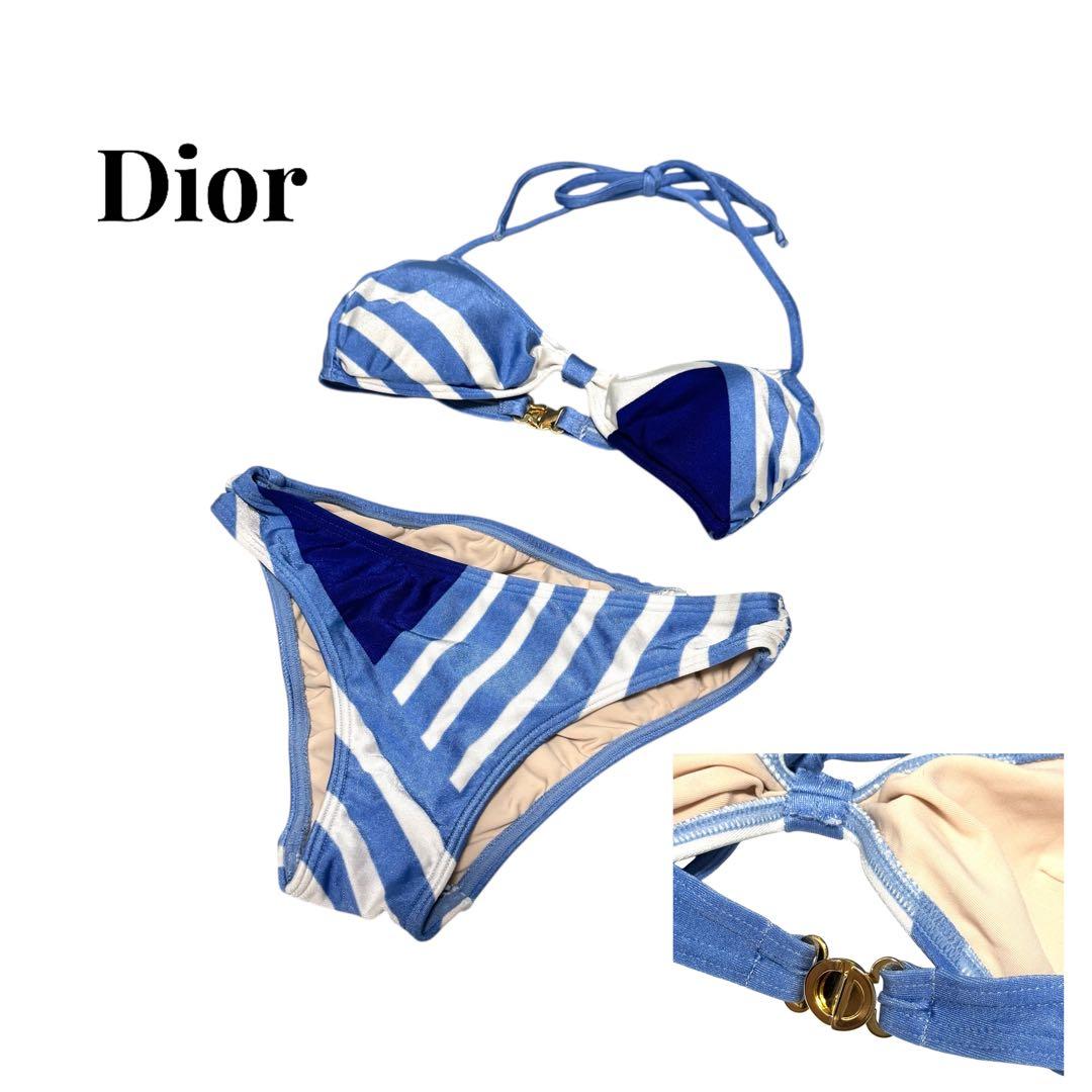 新品同様 クリスチャン ディオール CDロゴ 金具 水着 ビキニ　ブルー M