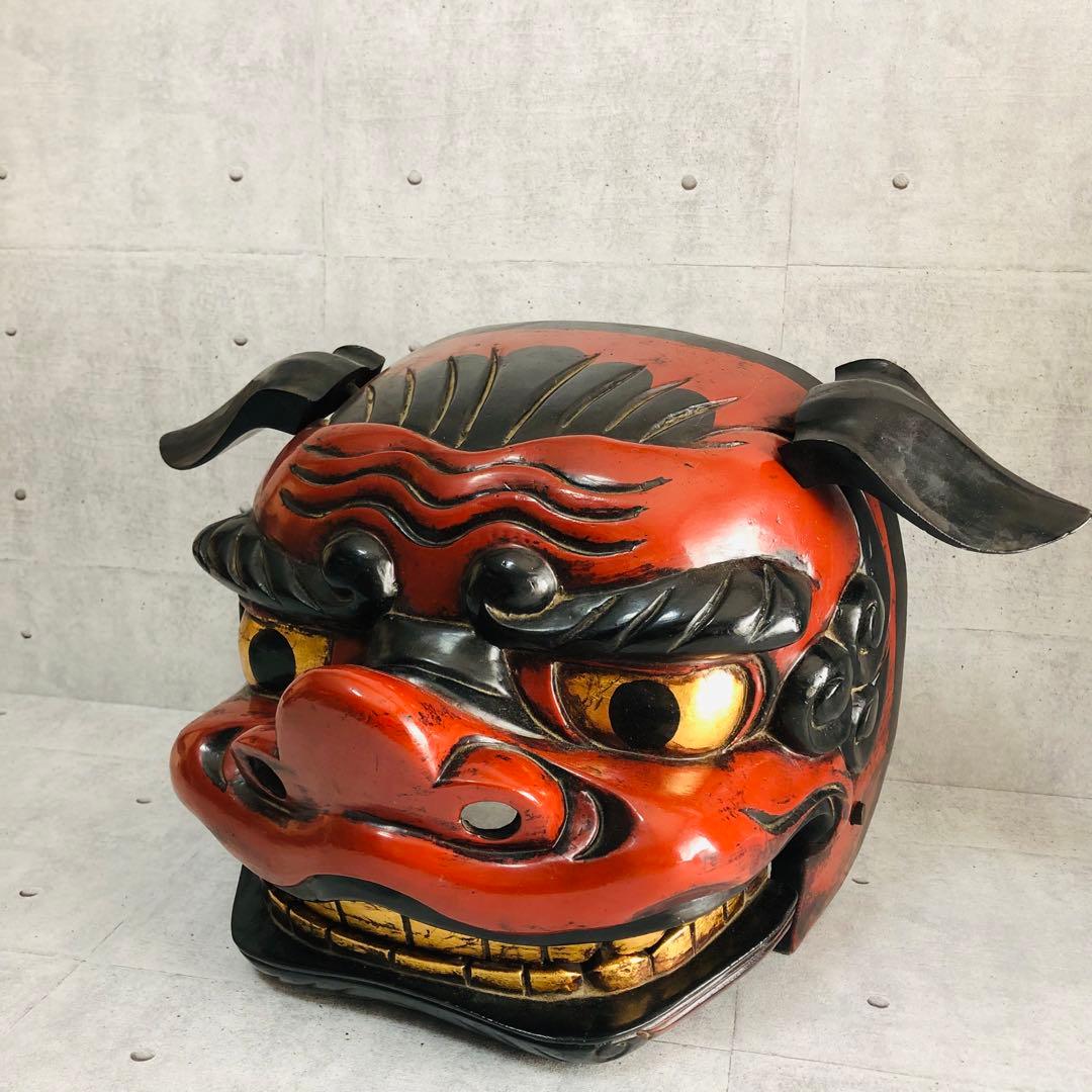 獅子頭 獅子舞 伝統工芸品 朱塗り 漆塗り 手彫り 縁起物 魔除け 中