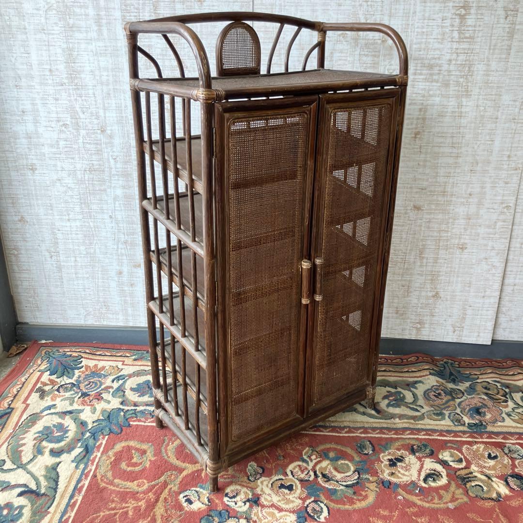 昭和レトロ 扉付き 6段ラタンシューズラック 下駄箱 籐家具 古家具 ビンテージ
