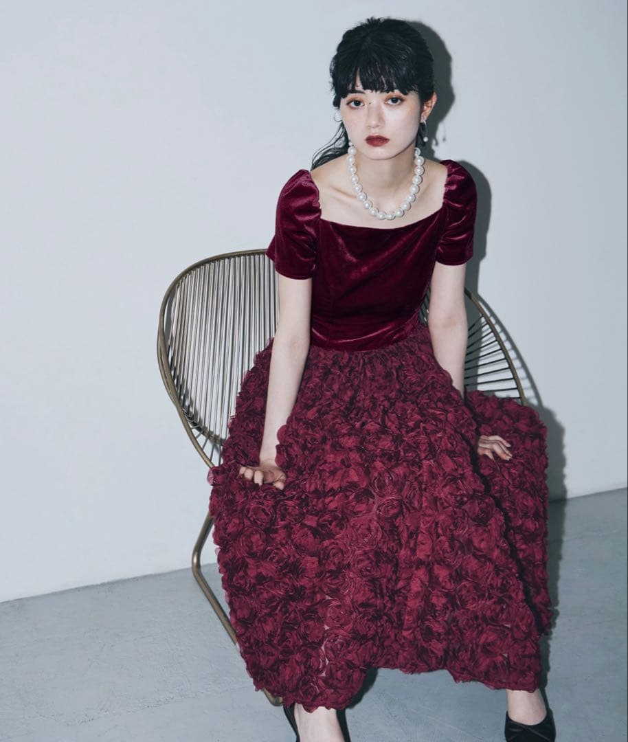 ドレス ベロアロゼットフレアドレス