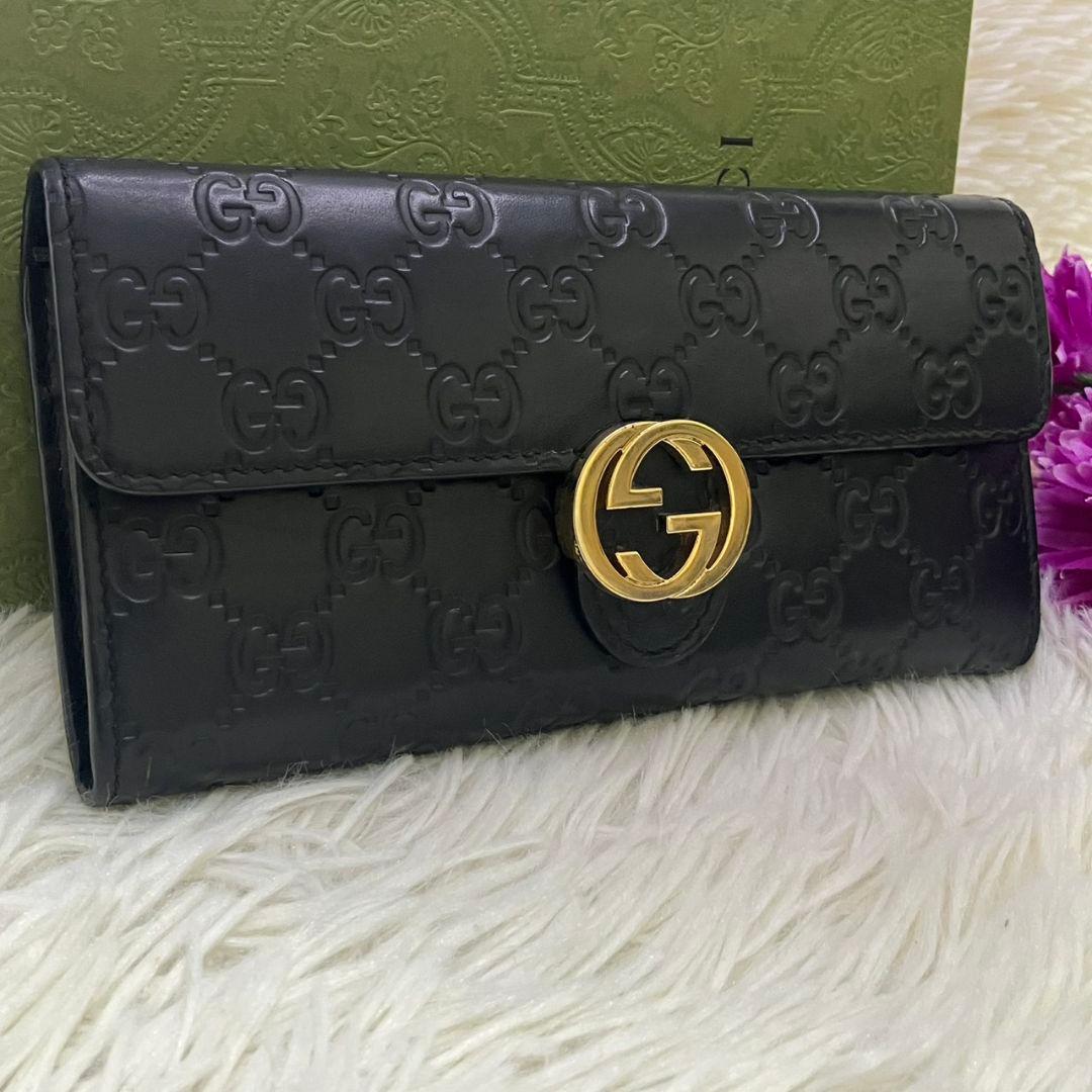 ✨極美品✨グッチ　長財布　二つ折り　インターロッキング　シマレザー　ブラック