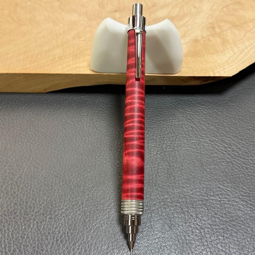 175栃縮杢スタビ　木製シャーペン　最強低重心ローレット　ステンレス　溝つき