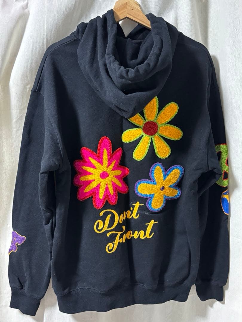 XLARGE 黒色 フラワー刺繍 パーカー