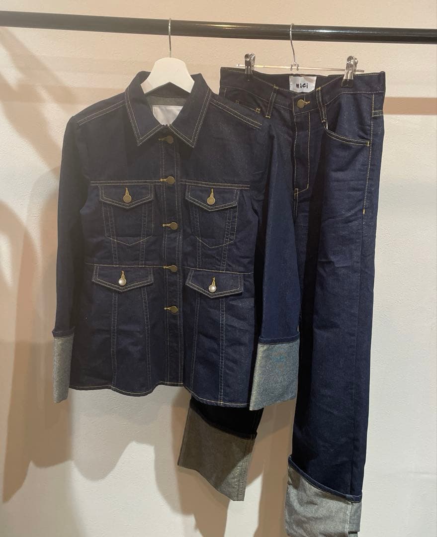 mici ラメデニムペプラムジャケット　ロールアップラメデニムパンツ